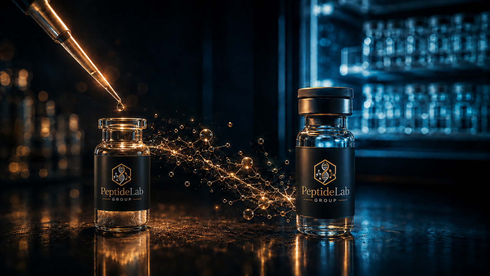 Peptide Lab Group vials showing laboratory peptide reconstitution and refrigerated storage